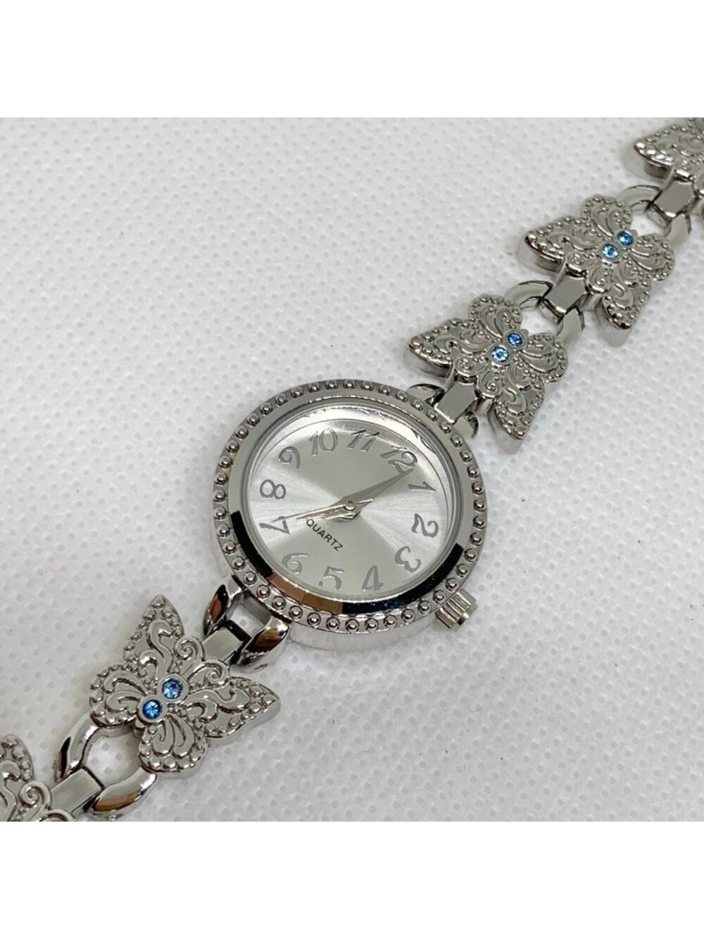 Butterfly blue Rhinestone Silver Tone Quartz women Watch 23mm up to 7.5” running